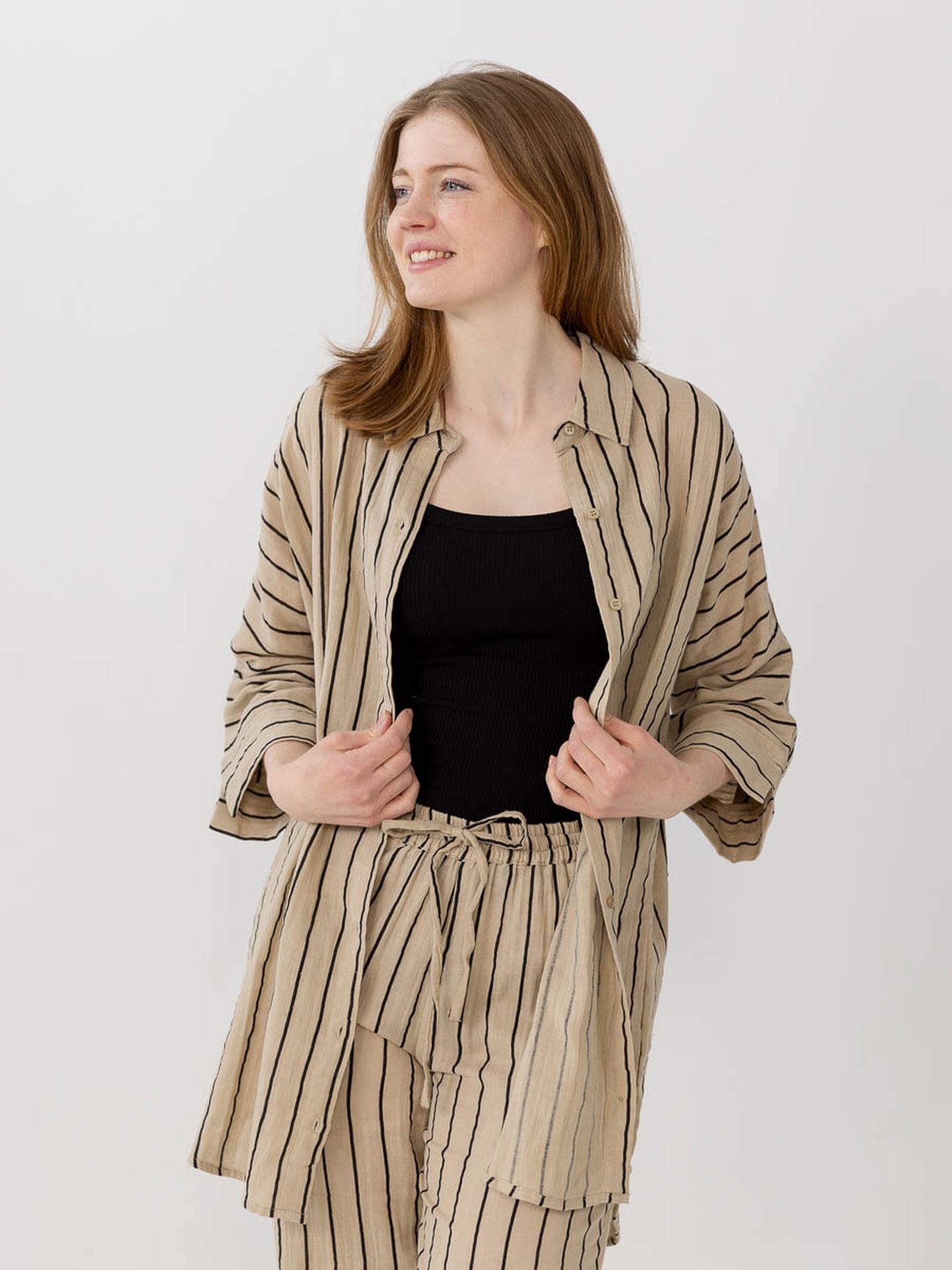 Ichi Foxa Striped Beach Shirt Doeskin/Black Stripe