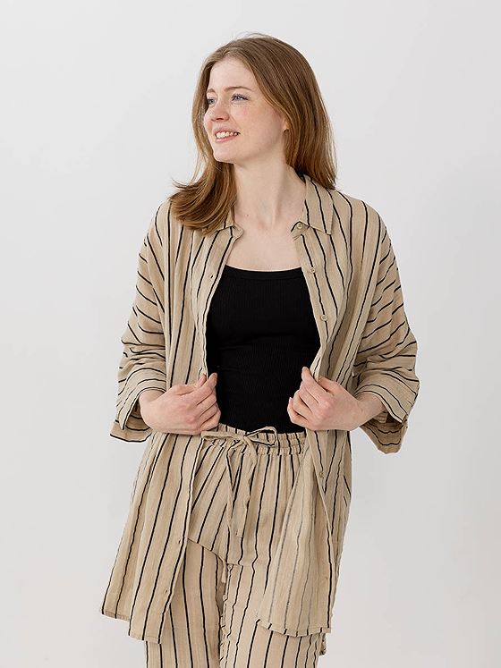 Ichi Foxa Striped Beach Shirt Doeskin/Black Stripe