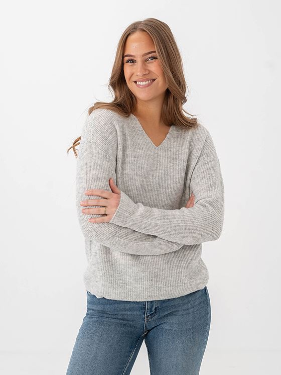 Only Camilla V-Neck Long Sleeve Pullover Knit Light Grey Melange