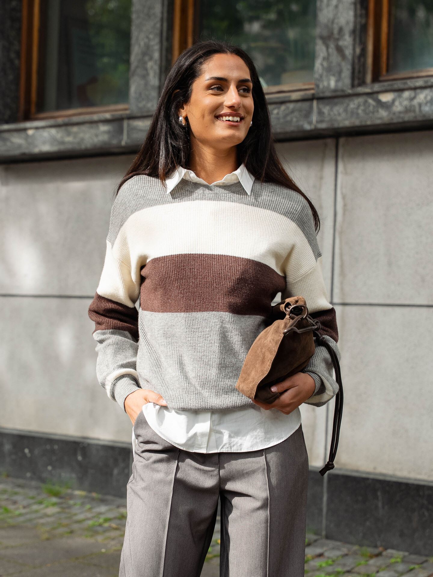 Only Atia Long Sleeve Stripe Pullover Knit Medium Grey Melange W. Whitecap Gray/Chicory Coffee