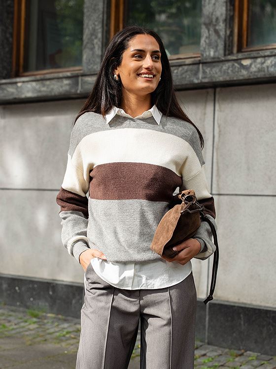 Only Atia Long Sleeve Stripe Pullover Knit Medium Grey Melange W. Whitecap Gray/Chicory Coffee