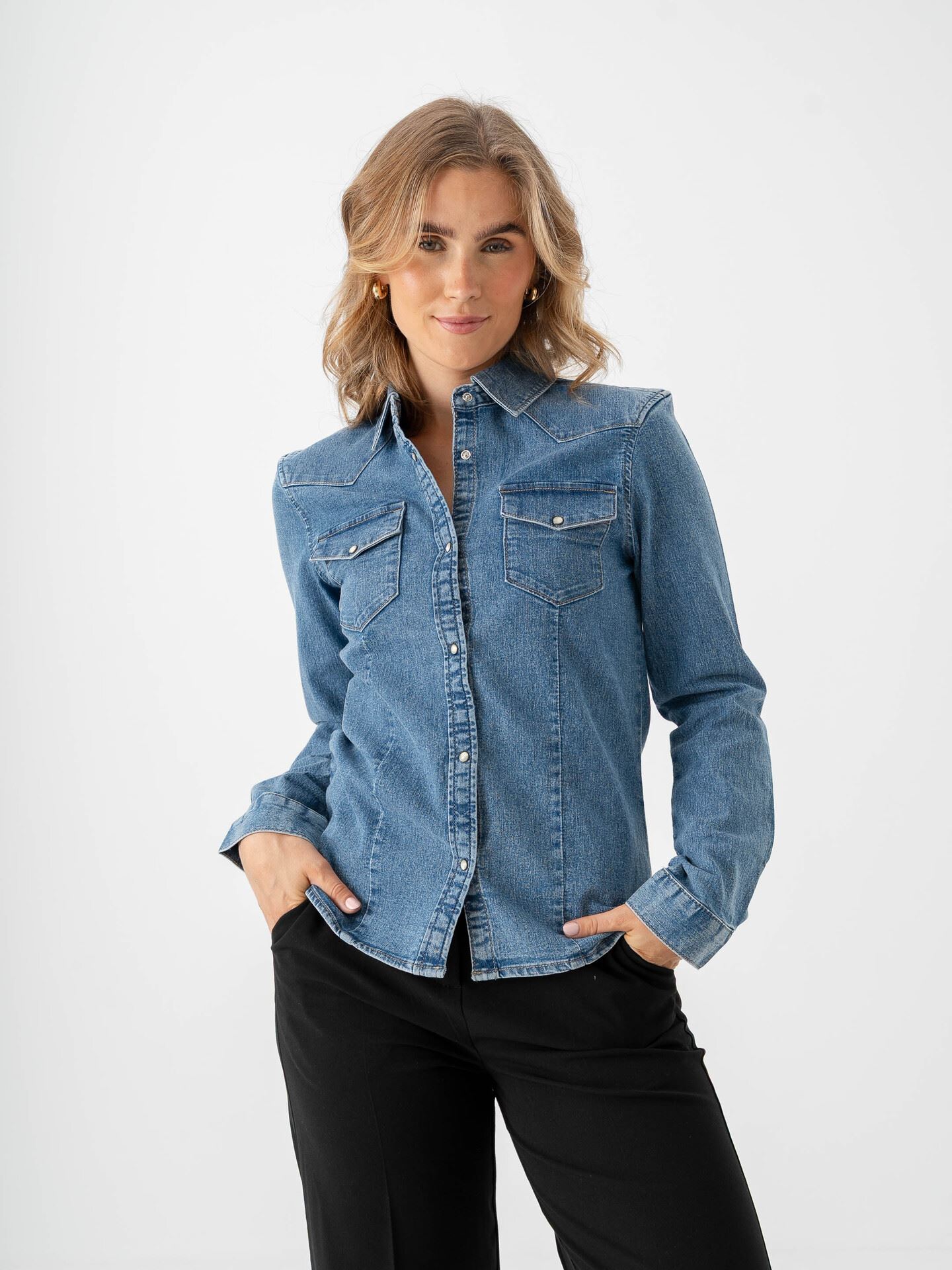 Only Sasia Long Sleeve Stretch Denim Shirt Dark Blue Denim