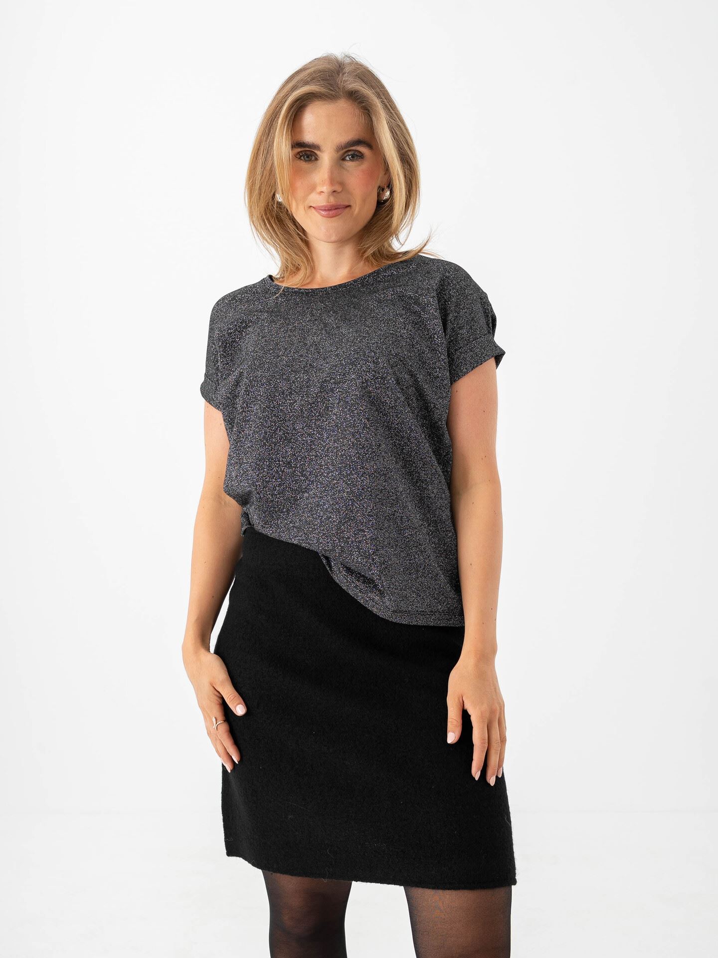 Only Moster Glitter Short Sleeve Top Black Silver Lurex