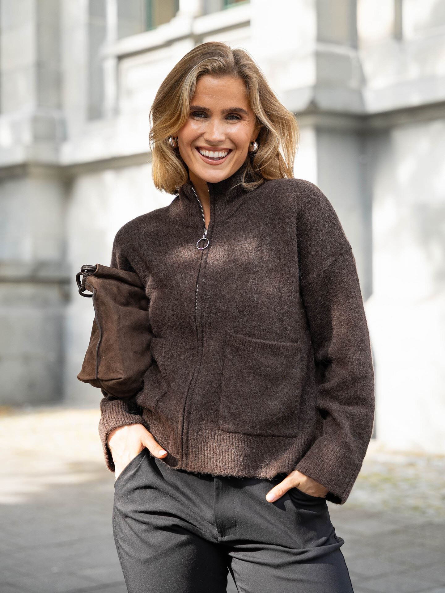 Selected Femme Sia Ras Long Sleeve Knit Zipper Cardigan Delicioso MELANGE