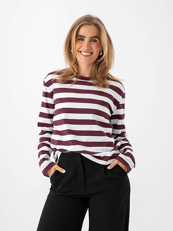 Selected Femme Essential Long Sleeve Striped Boxy Tee Fig