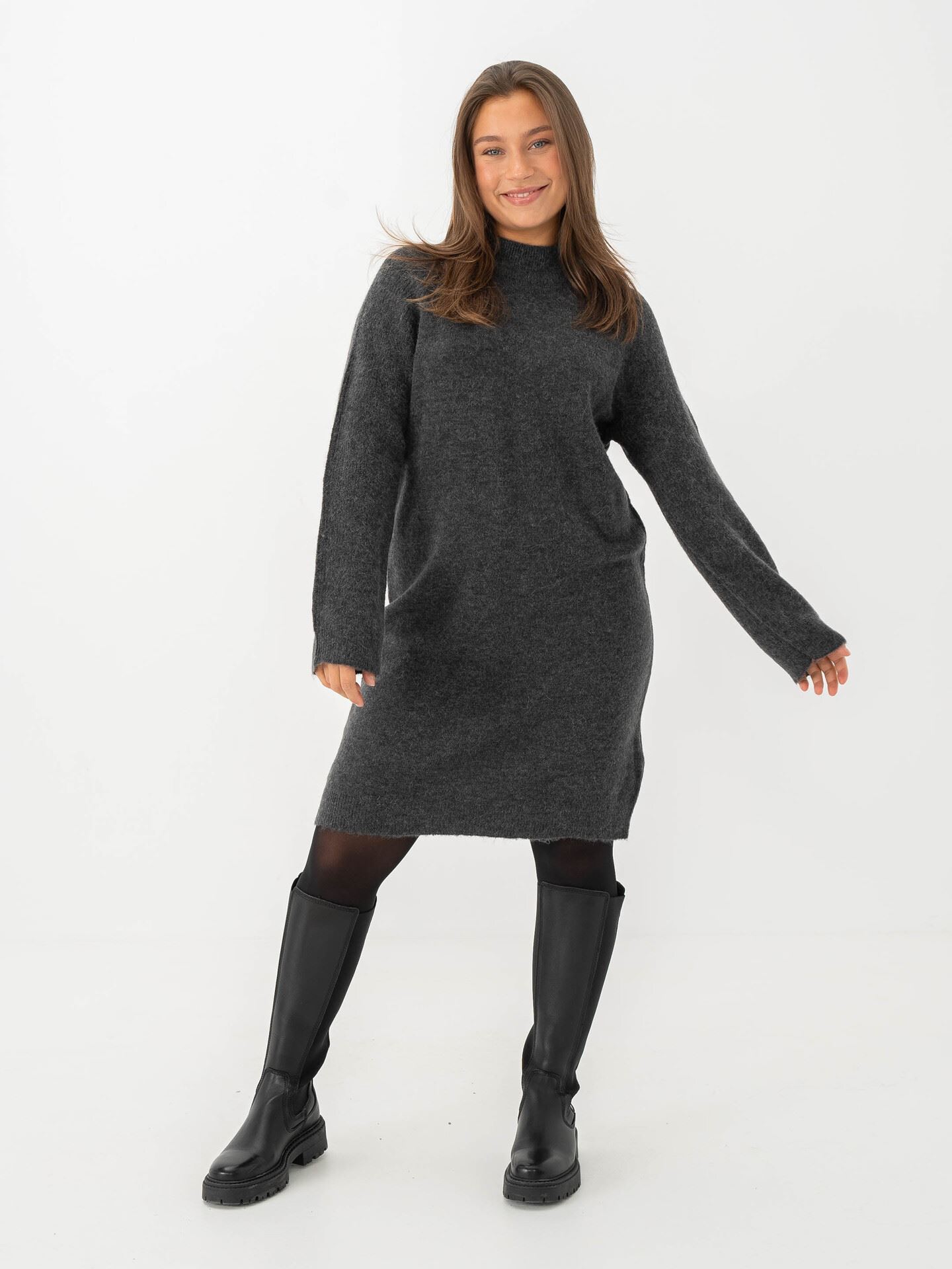 Selected Femme Lulu Long Sleeve High Neck Knit Dress Volcanic Ash Melange
