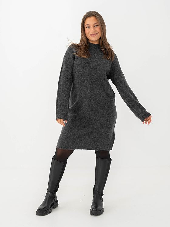 Selected Femme Lulu Long Sleeve High Neck Knit Dress Volcanic Ash Melange