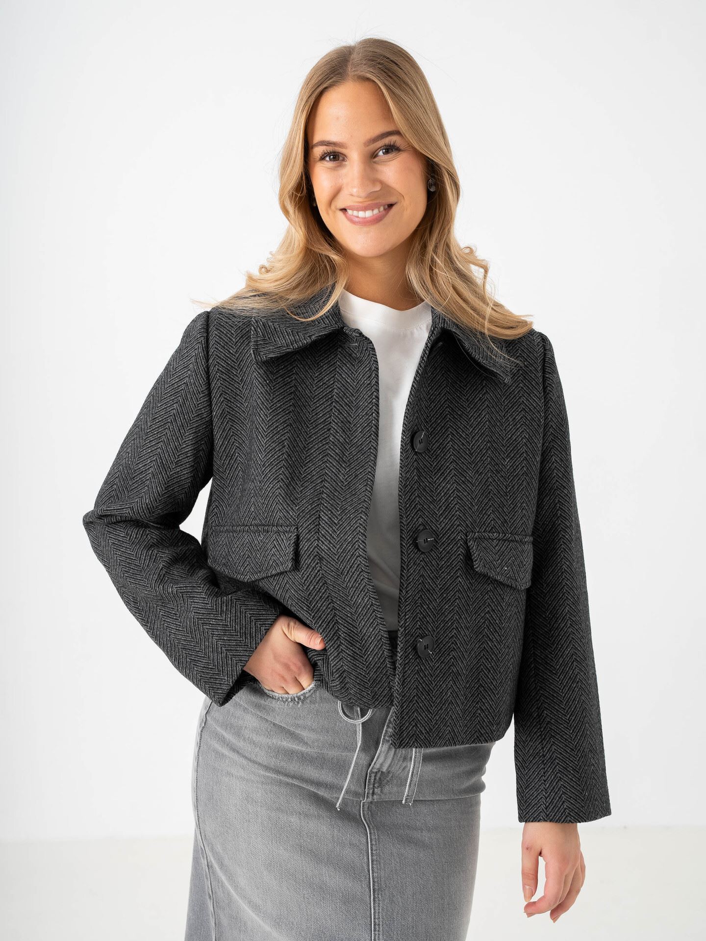 Selected Femme Henny Short Wool Jacket Volcanic Ash Herringbone