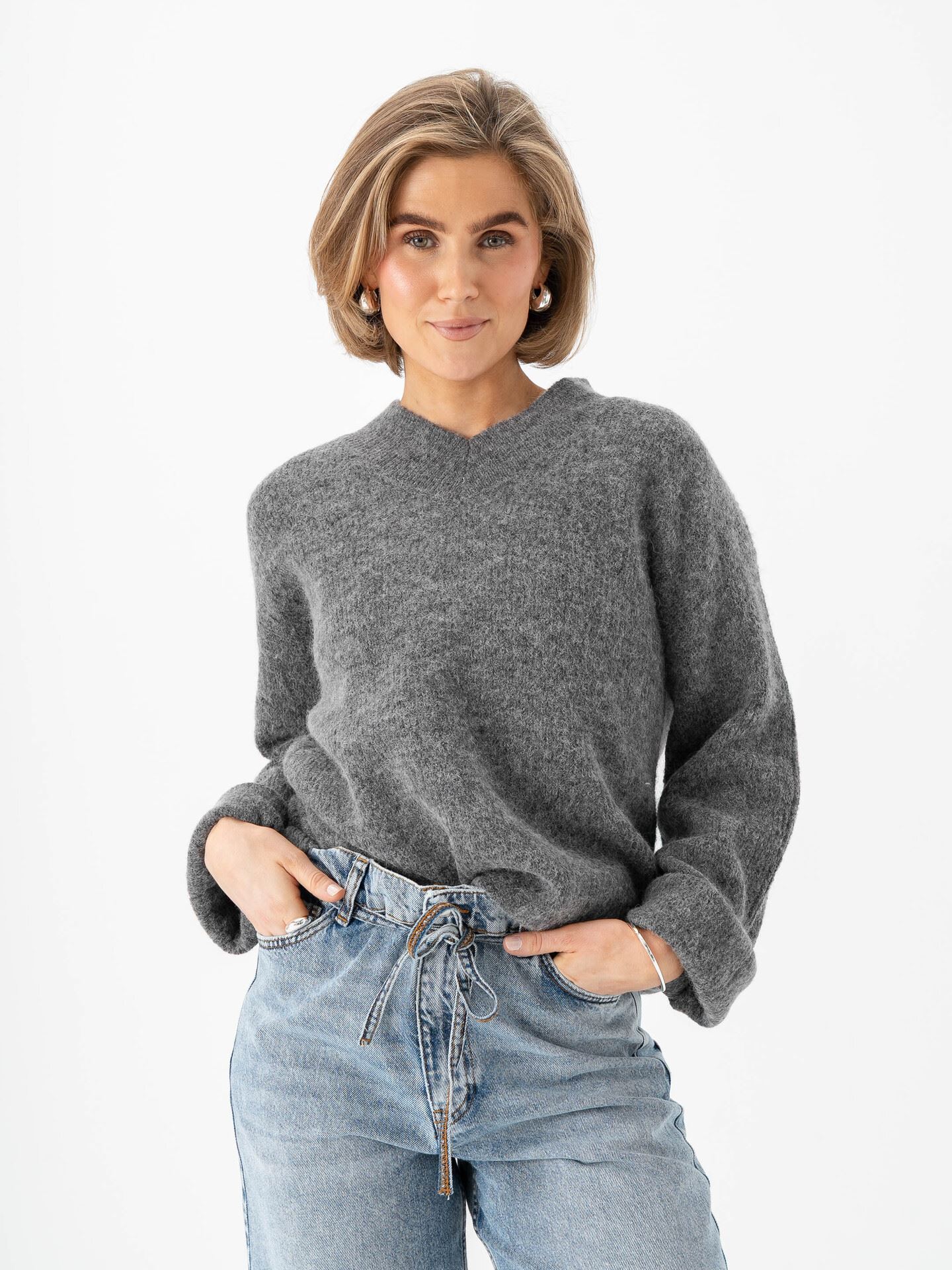 Selected Femme Sia Ras Long Sleeve Knit Long V-Neck Medium Grey Melange