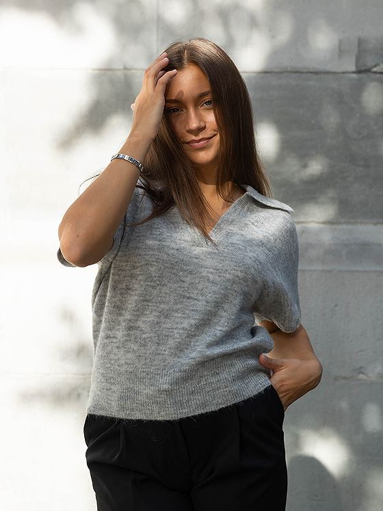 Selected Femme Lulu Short Sleeve Knit Polo Light Grey Melange