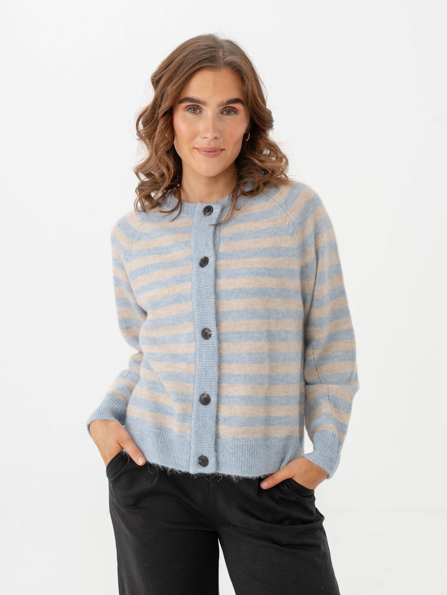 Selected Femme Lulu Long Sleeve Knit Short Stripe Cardigan Cashmere Blue/Birch
