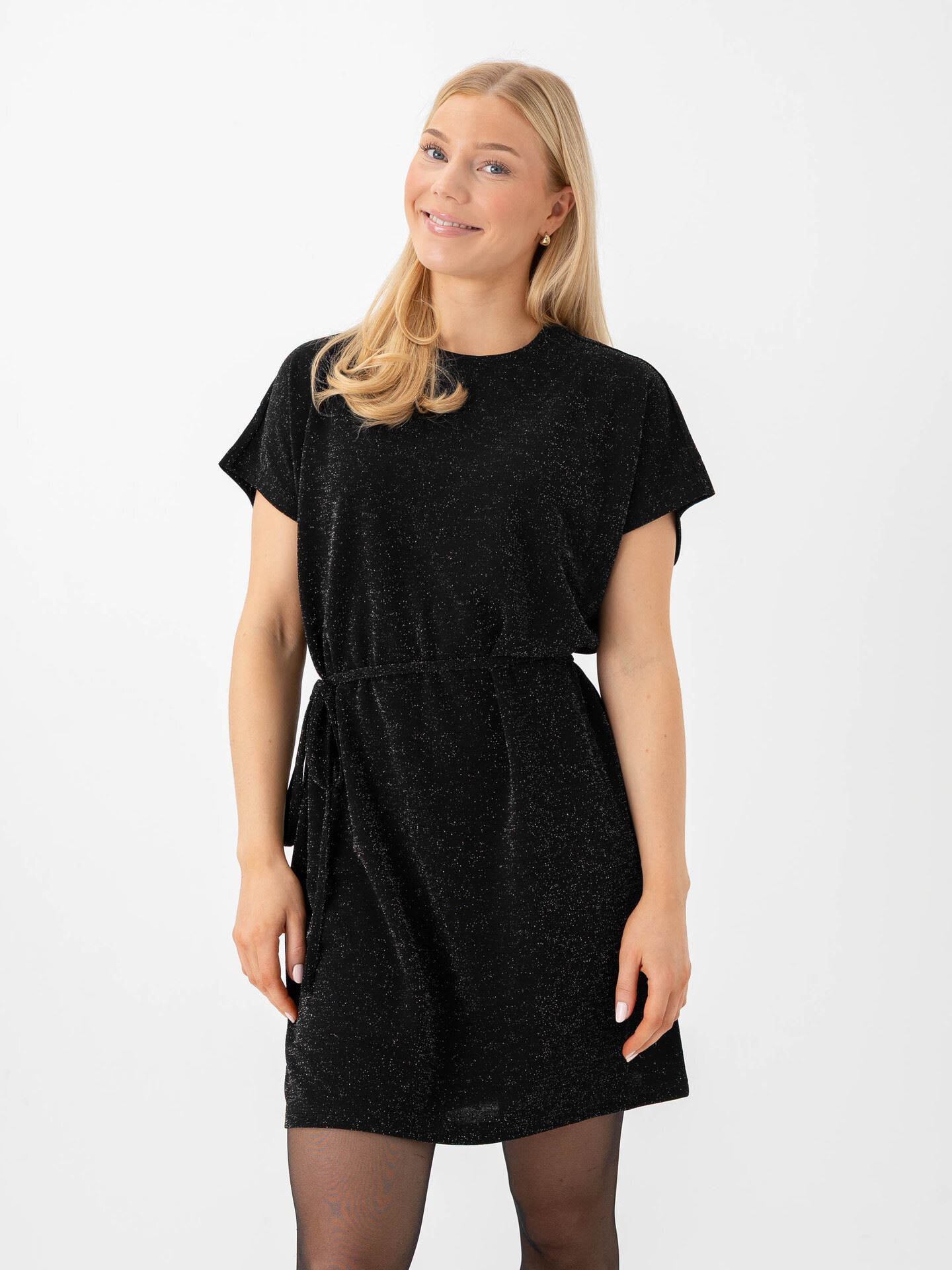 Selected Femme Oversized Sandra Short Sleeve Short Dress Black With Silver Lurex