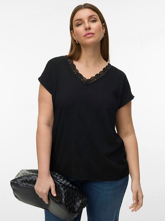 Vero Moda Curve Bella Short Sleeve Lace Top Black