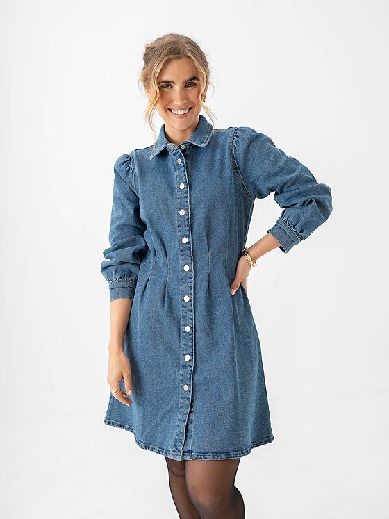 Vila Sol Long Sleeve Pleat Denim Dress Medium Blue Denim