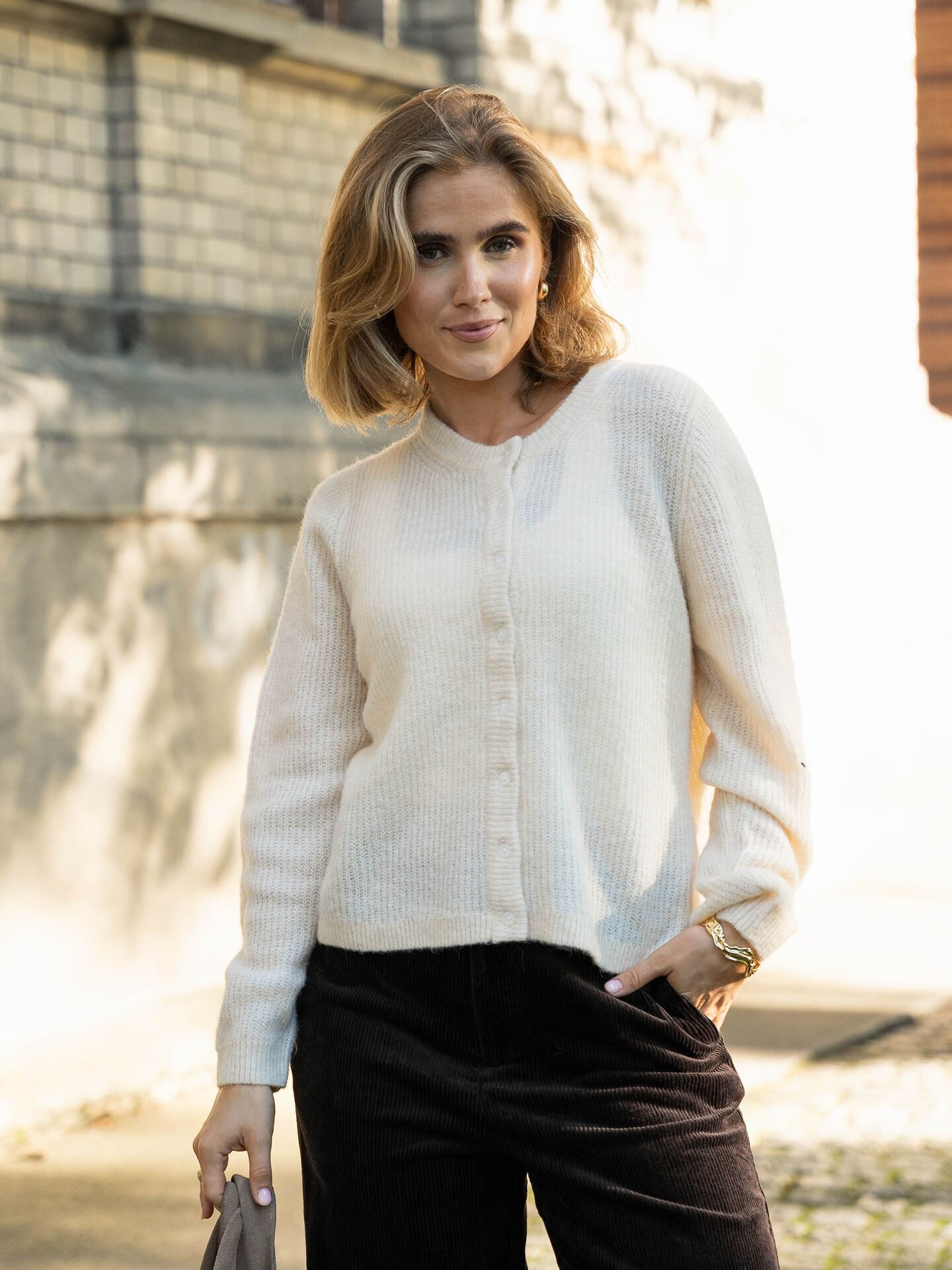 Vila Lory O-Neck Long Sleeve Knit Cardigan Sandshell Melange