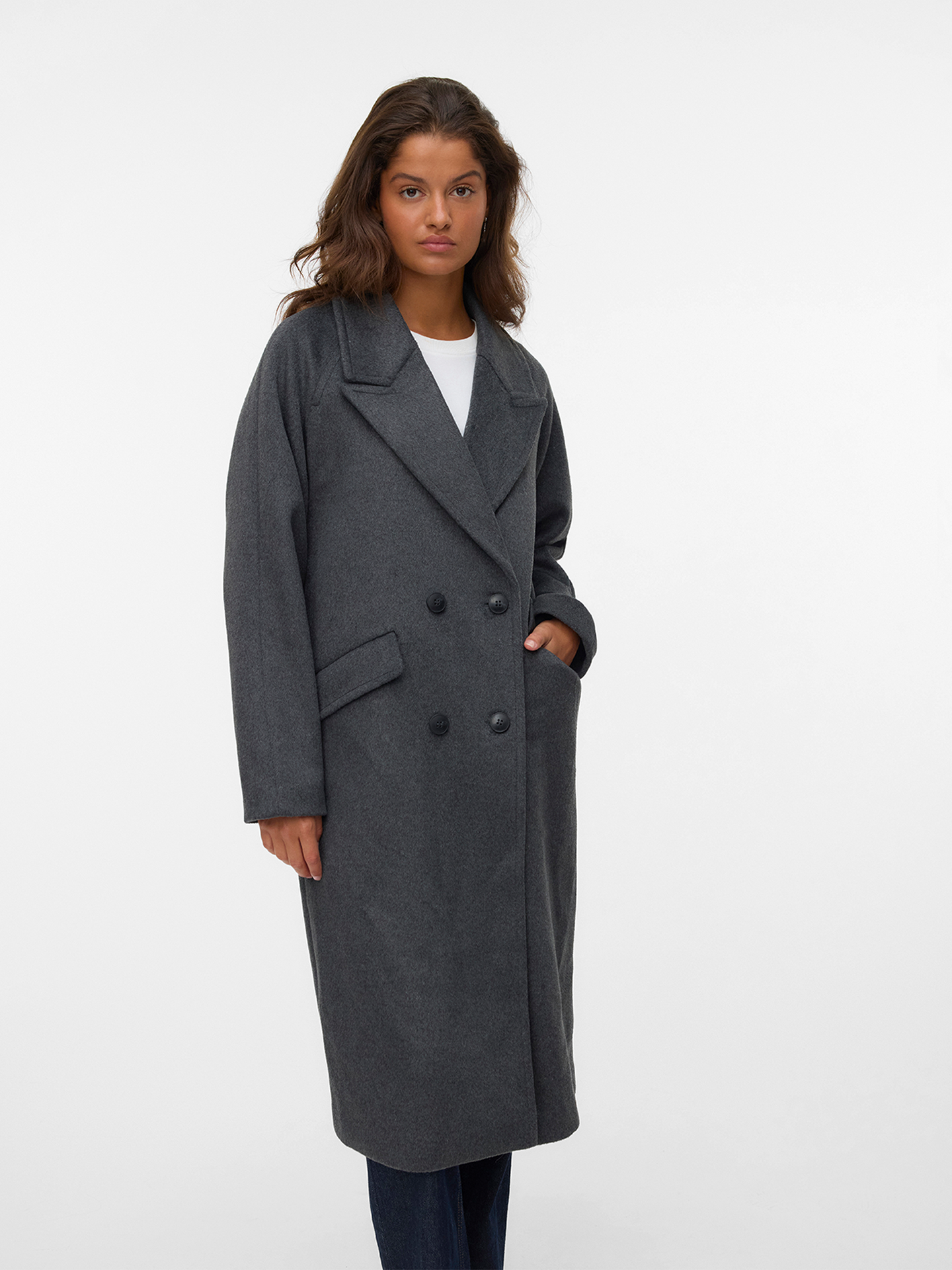 Vero Moda Harper Long Wool Coat Dark Grey Melange