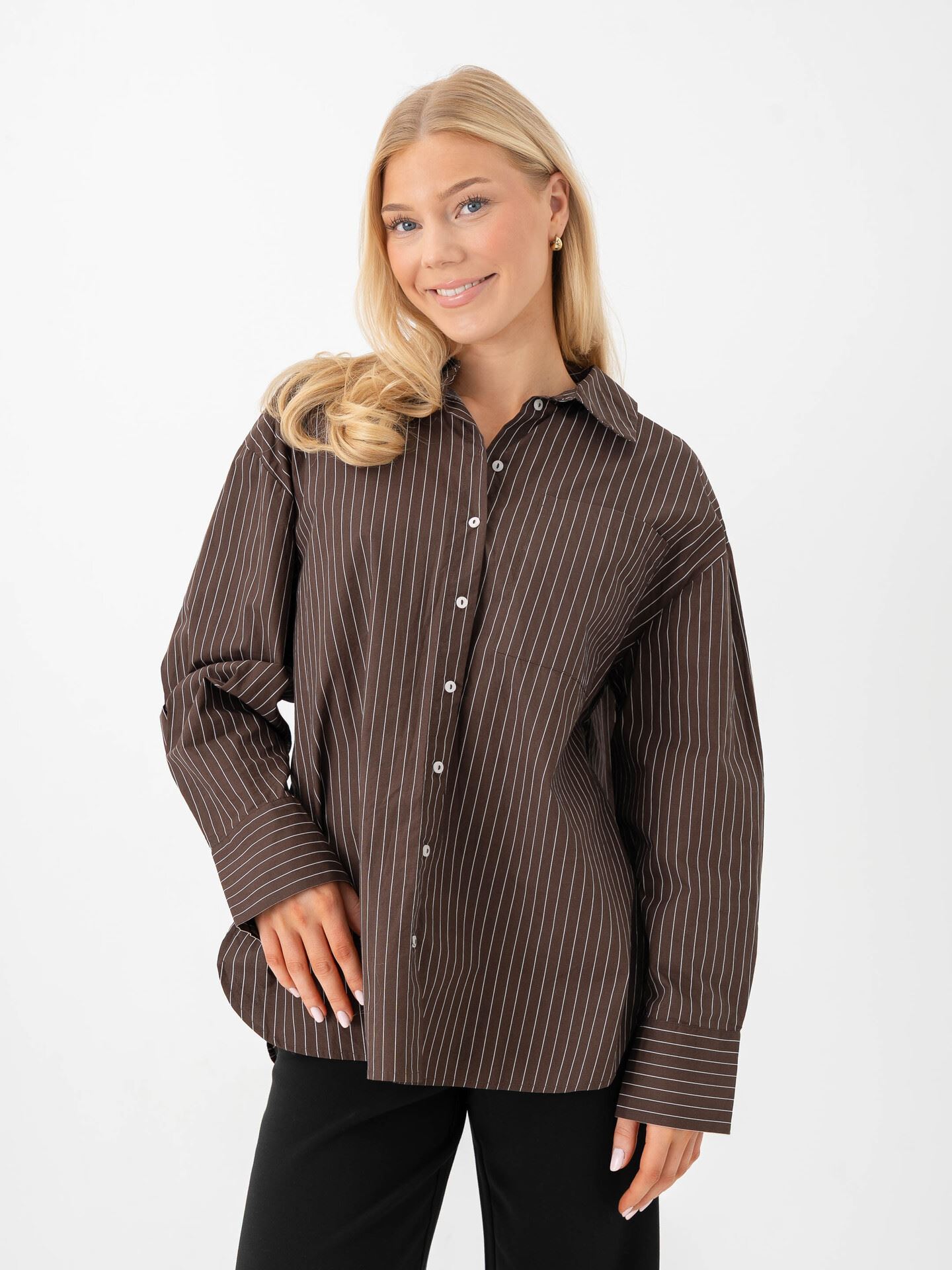 Vero Moda Fanni Long Sleeve Shirt Chocolate Brown SNOW WHITE PINSTRIPE