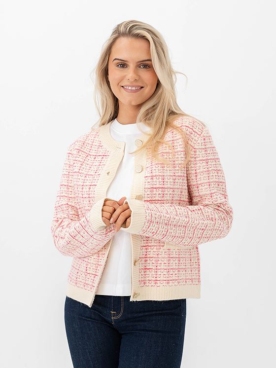 Y.A.S Livia Long Sleeve Short Knit Cardigan Birch Rasberry Sorbet / Pirouette