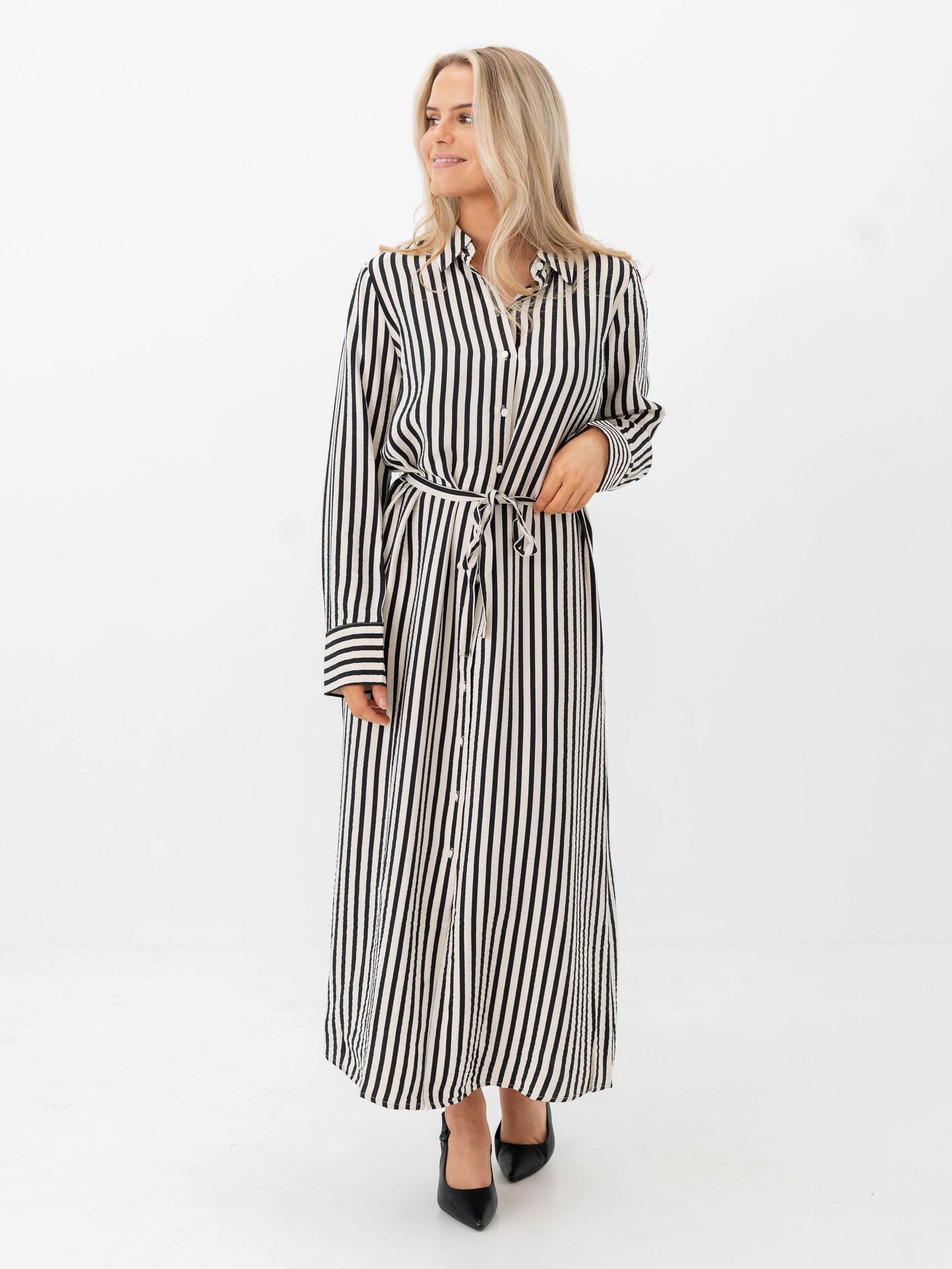 Y.A.S Kaya Long Sleeve Long Shirt Dress Birch Black Stripes