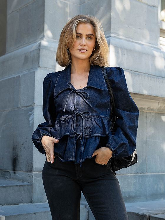 Y.A.S Celina Long Sleeve Denim Tie Top Dark Blue Denim