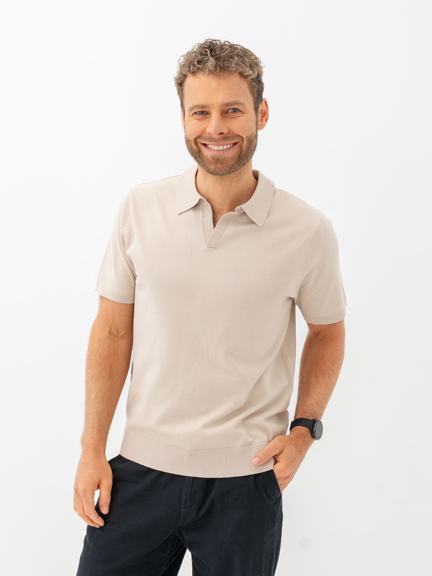 Selected Homme Teller Short Sleeve Knit Polo Oatmeal