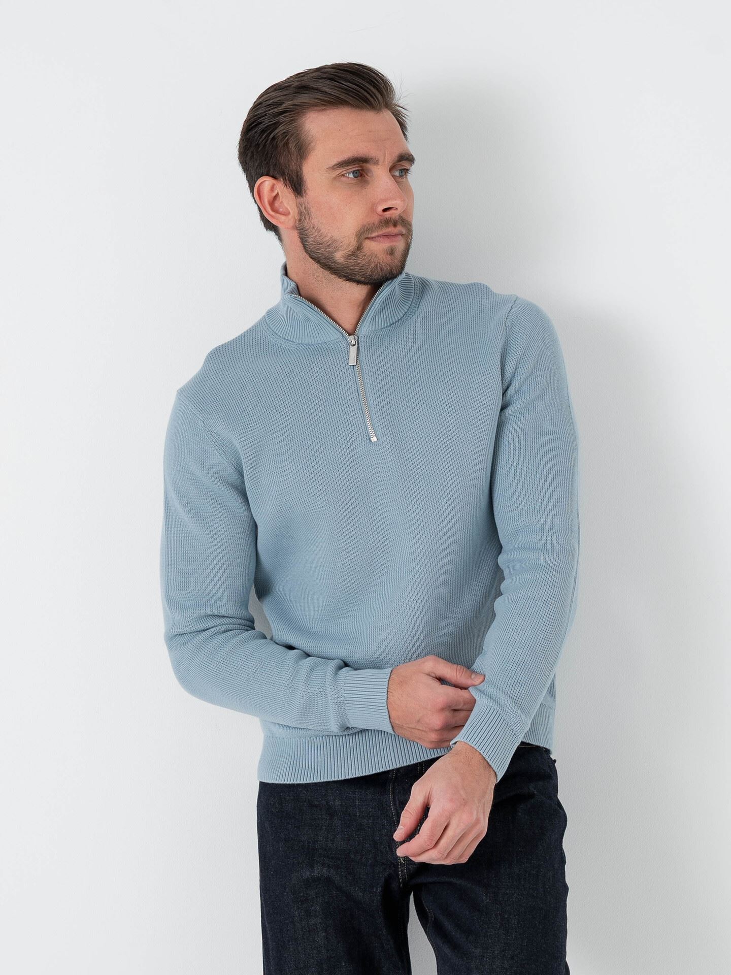 Selected Homme Dane Long Sleeve Knit Structure Half Zip Dusty Blue