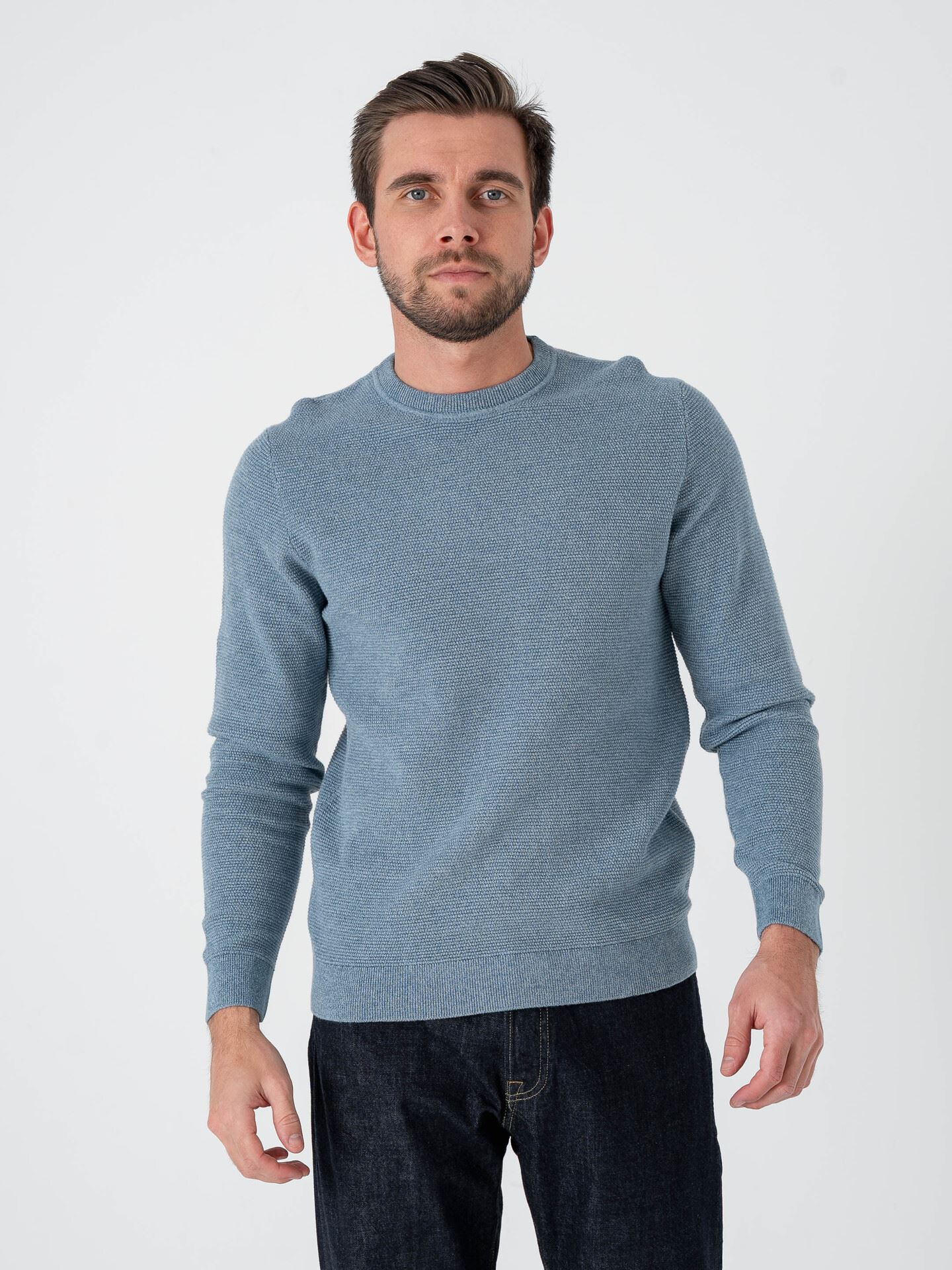 Selected Homme Ross Long Sleeve Knit Structure Crew Neck Blue Mirage Dusty Blue