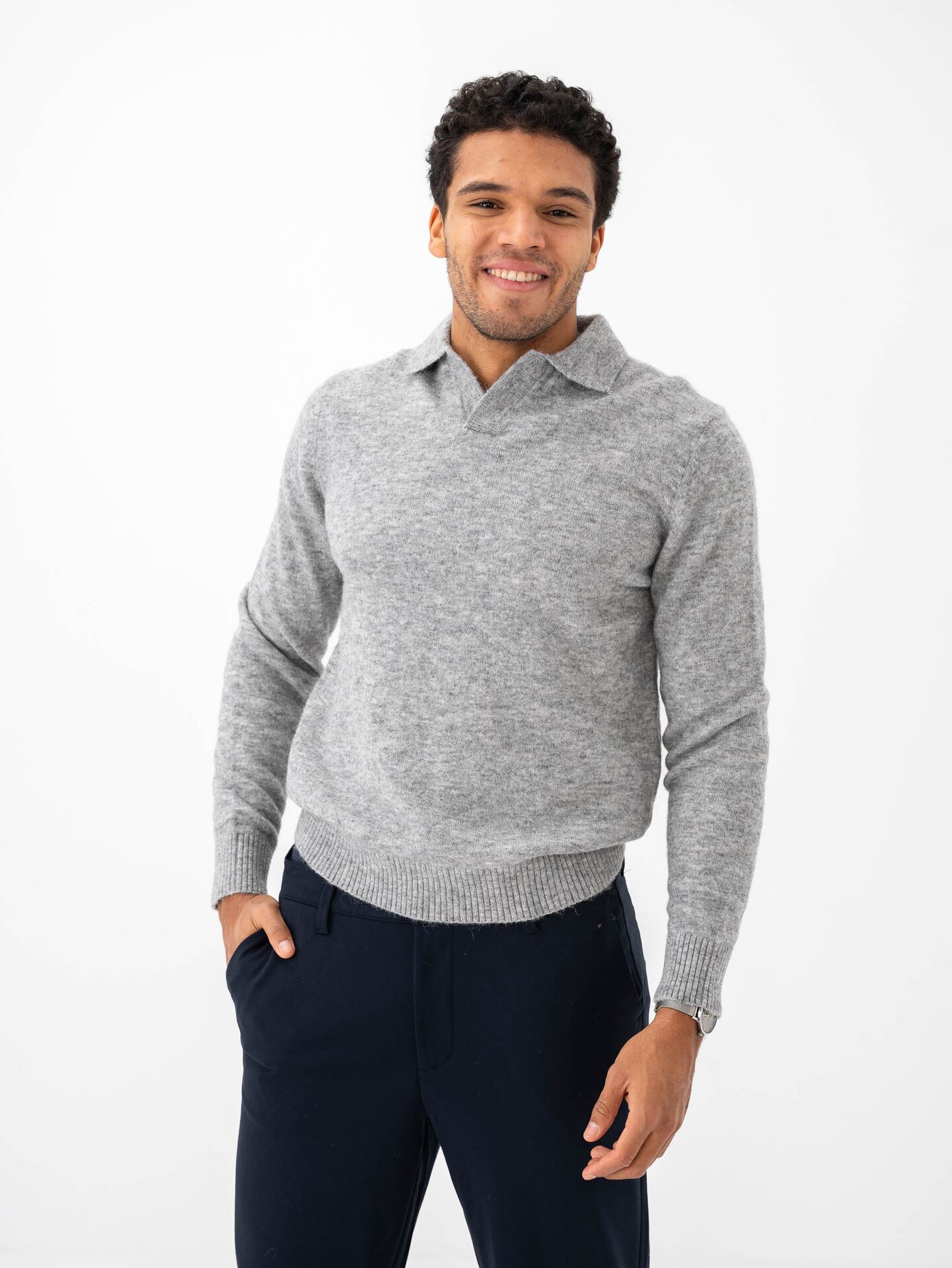 Selected Homme Rai Long Sleeve Knit Open Polo Light Grey Melange