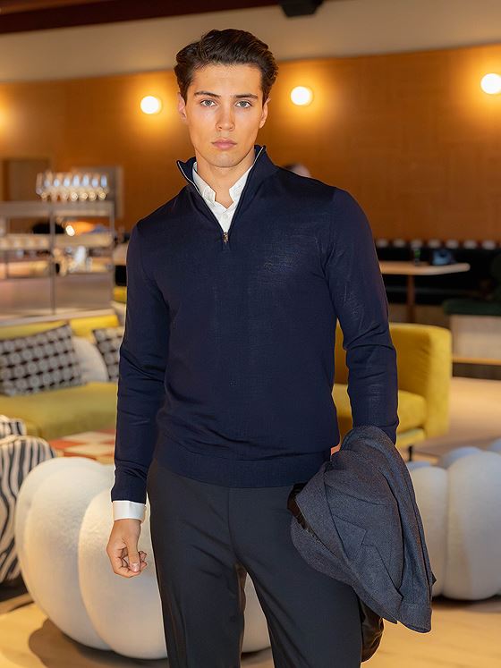 Selected Homme Tray Long Sleeve Knit Merino Half Zip Navy Blazer