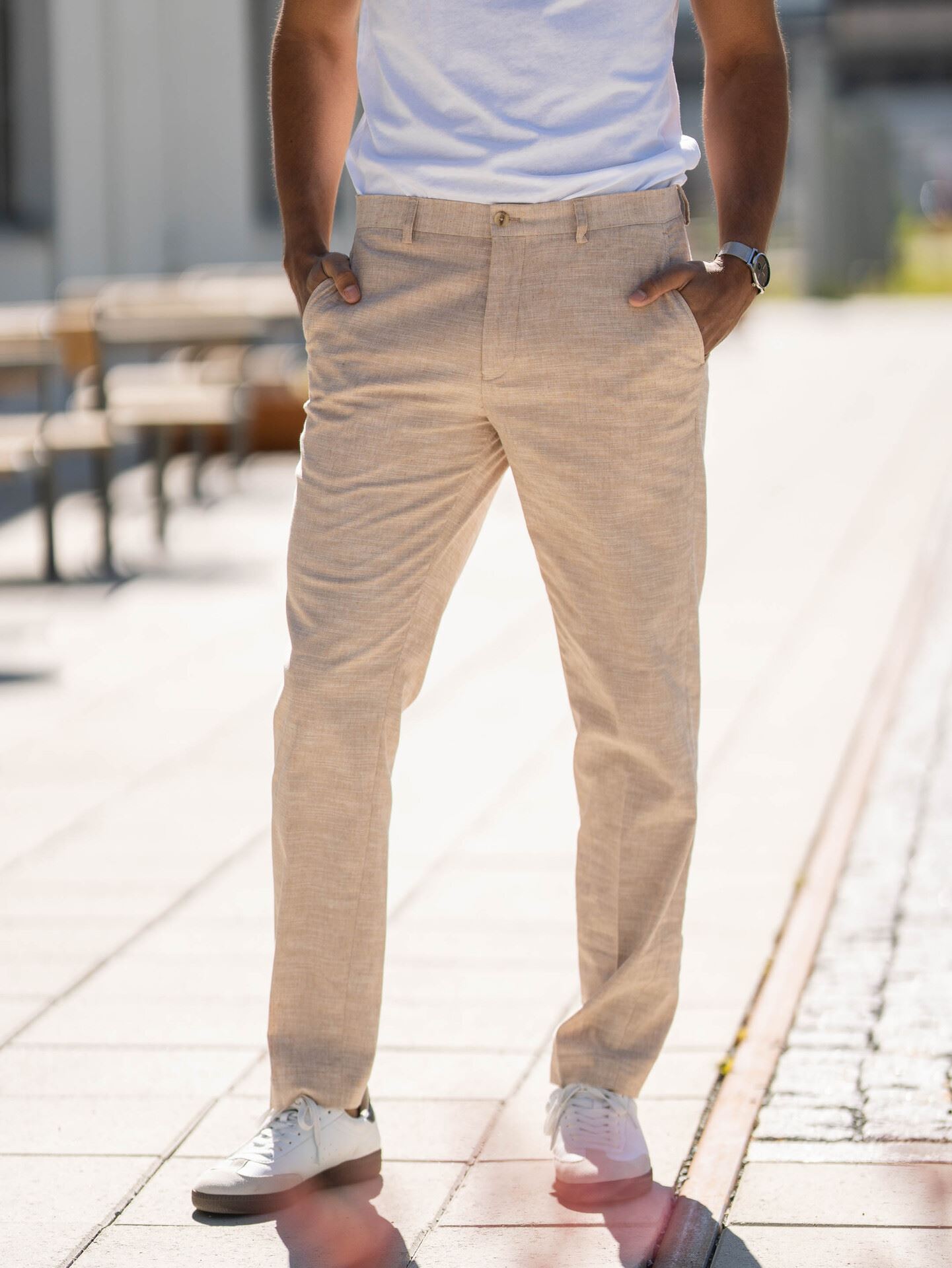 Jack and Jones Riviera Linen Trousers Slim Fit Beige