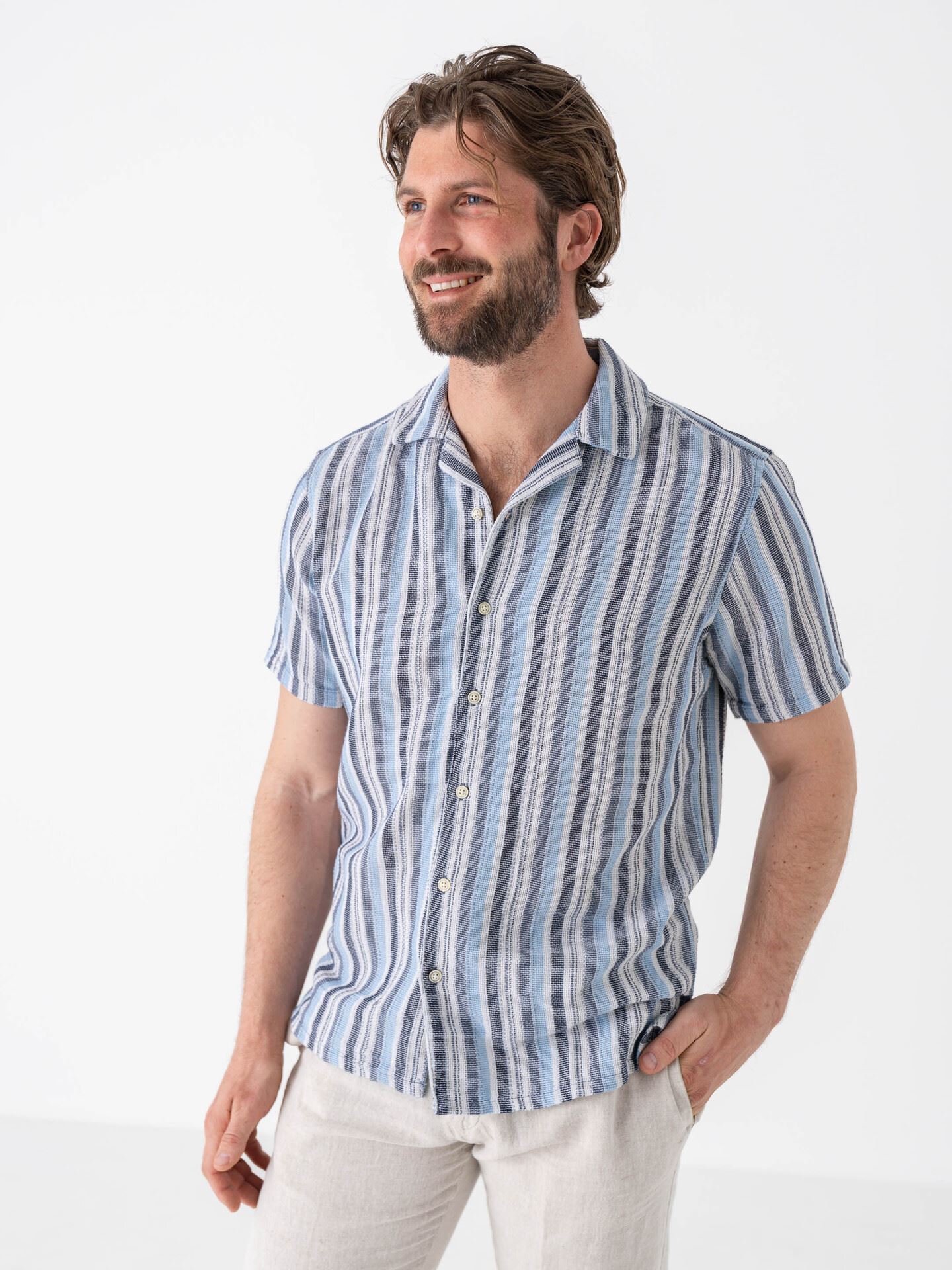 Only & Sons Trev Life Structure Stripe Short Sleeve Shirt Vintage Indigo