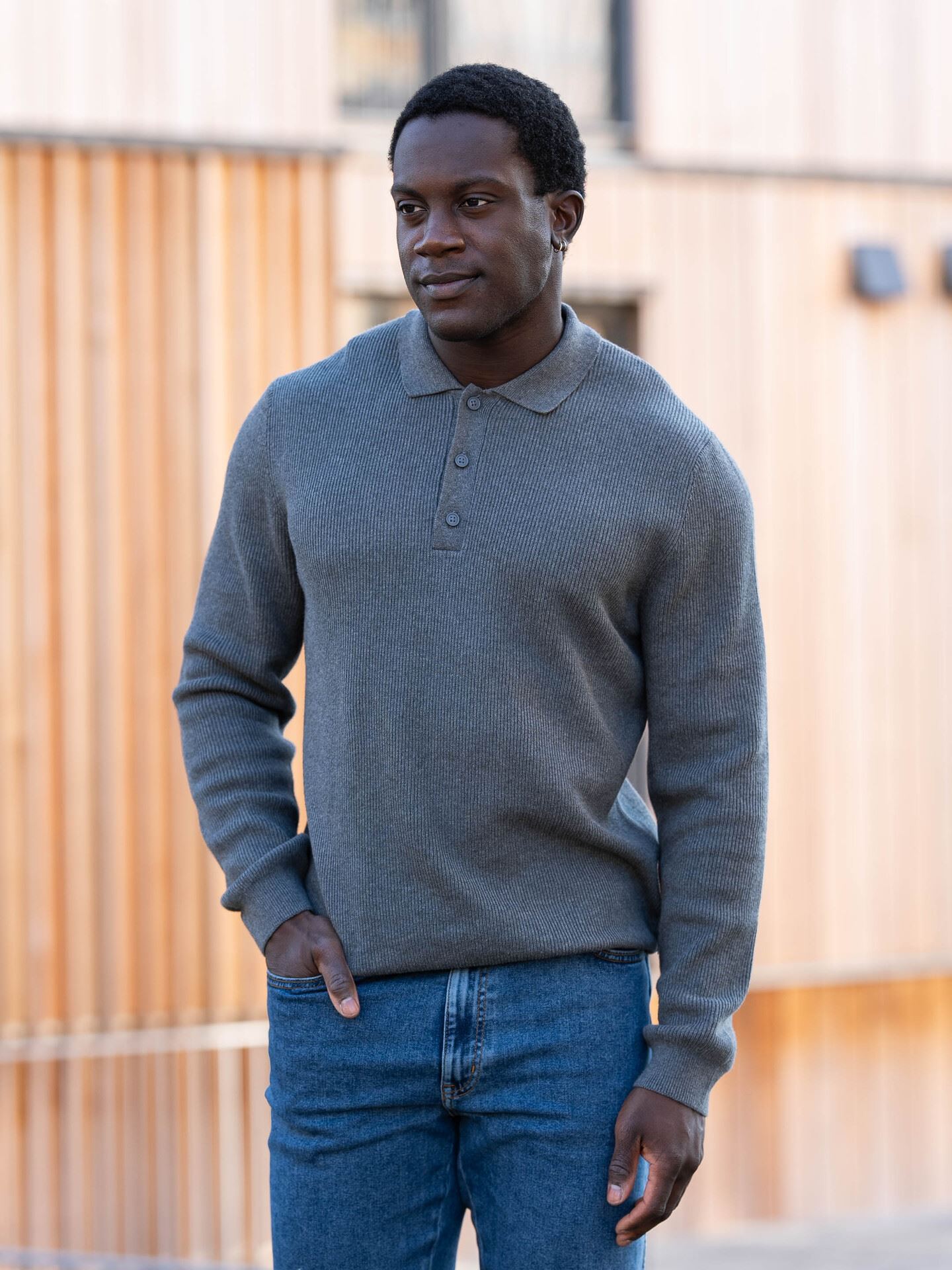 Only & Sons Phill Reg Rib Long Sleeve Polo Knit Medium Grey Melange