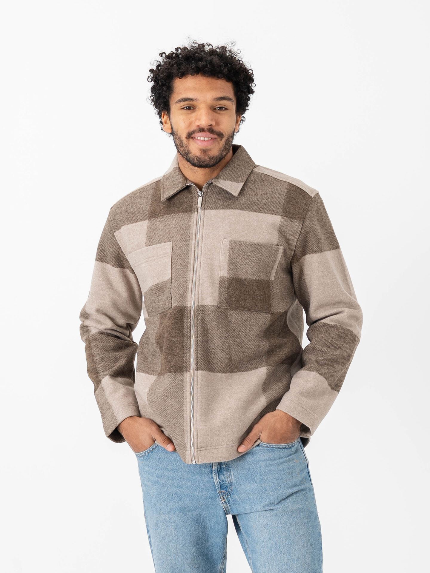 Only & Sons Wake Checked Zip Overshirt Chinchilla