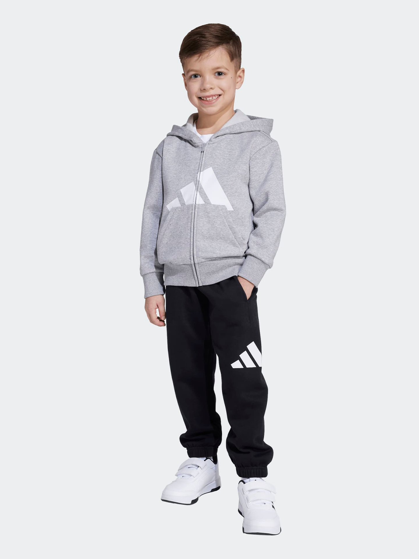 adidas Big Logo Fleece Full Zip Track Suit Kids Medium Grey / White