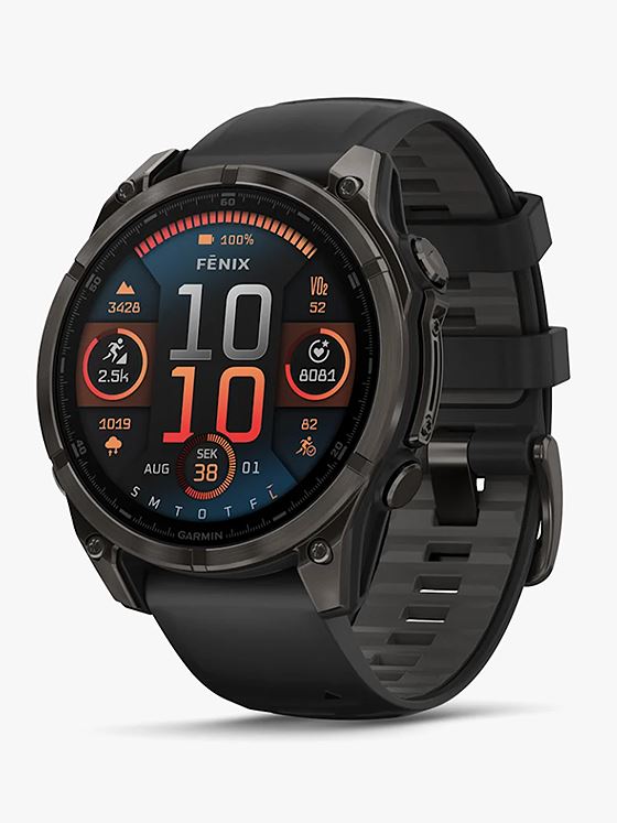 Garmin fenix 8–47 mm, AMOLED Sapphire, Karbongrå DLC-titan med sort/steingrå silikonrem