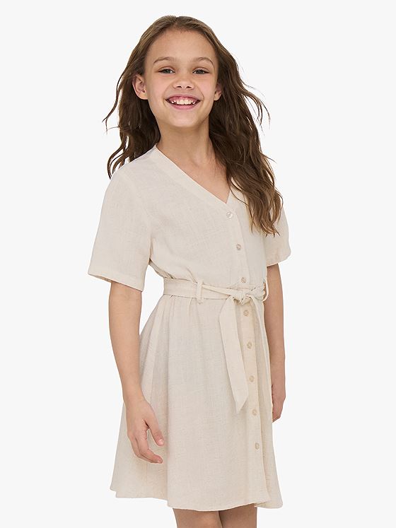 Kids Only Siesta Short Sleeve Linen Blend Belt Dress Moonbeam