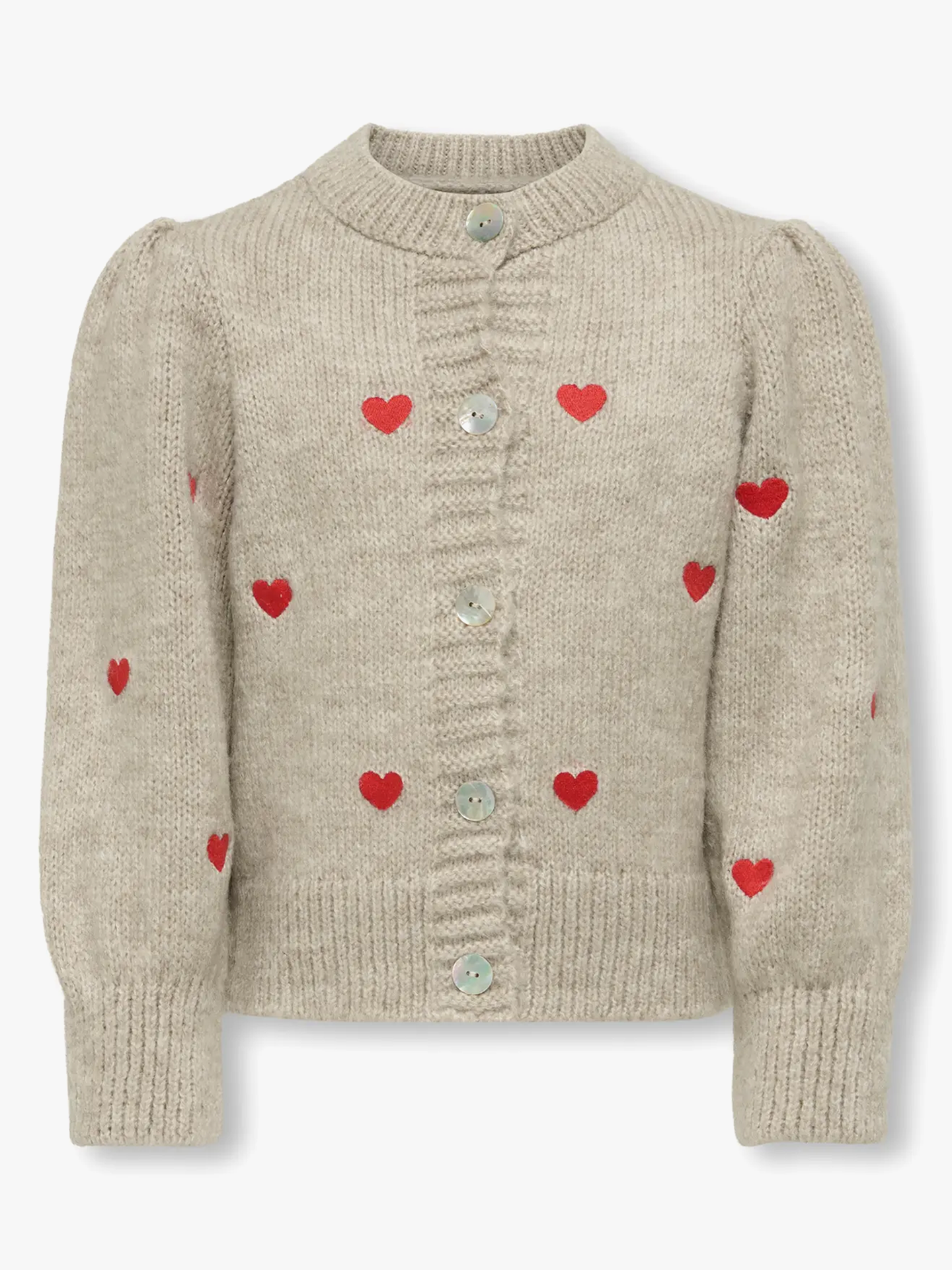Kids Only Silla Long Sleeve O-Neck Cardigan Knit Pumice Stone Melange/EMB Hearts High Risk Red