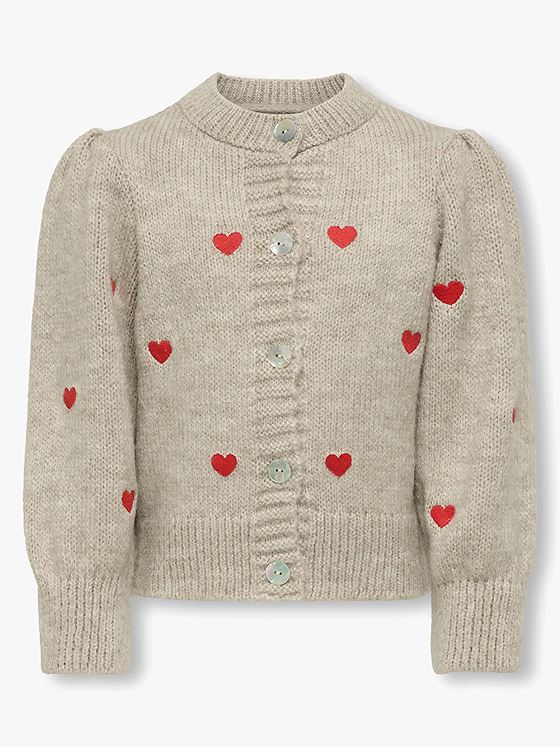 Kids Only Silla Long Sleeve O-Neck Cardigan Knit Pumice Stone Melange/EMB Hearts High Risk Red