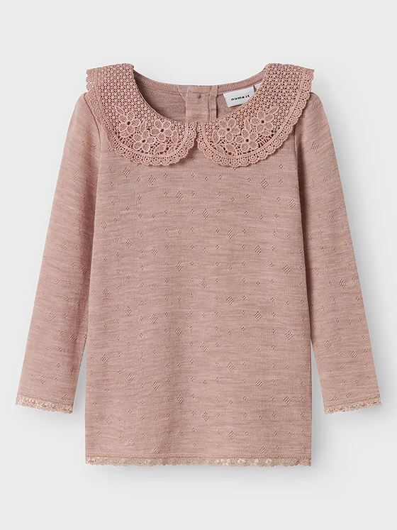 Name It Wang Wool Needle Long Sleeve Top With Collar Shadow Gray