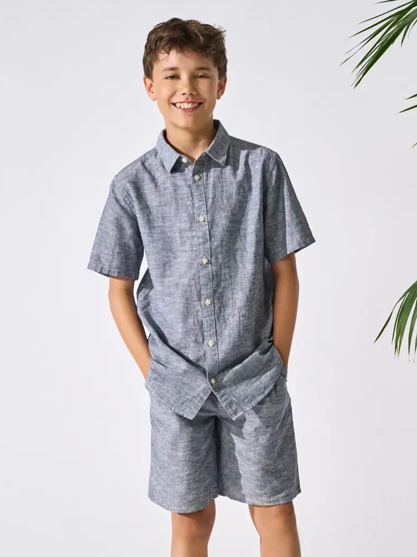 Only & Sons Jr Caiden Life Short Sleeve Solid Linen Shirt Woven Dress Blues