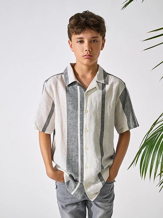 Only & Sons Jr Caiden Life Short Sleeve Stripe Linen Resort Woven Cloud Dancer Dress Blue