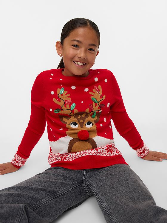Vero Moda Girl Frostydeer Long Sleeve O-Nek Xmas Girl Chinese Red