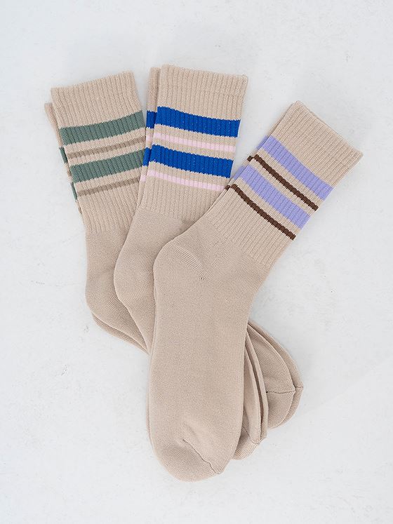 Vero Moda Mel Detail Socks 3-Pack Oatmeal 4stripes / Surf the web / Pink dogwood